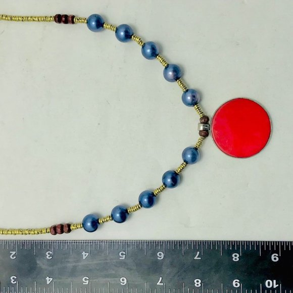 Metal And Wooden Beaded Chain Pendant Necklace, Handmade Light Weight Pendant - Picture 9 of 13